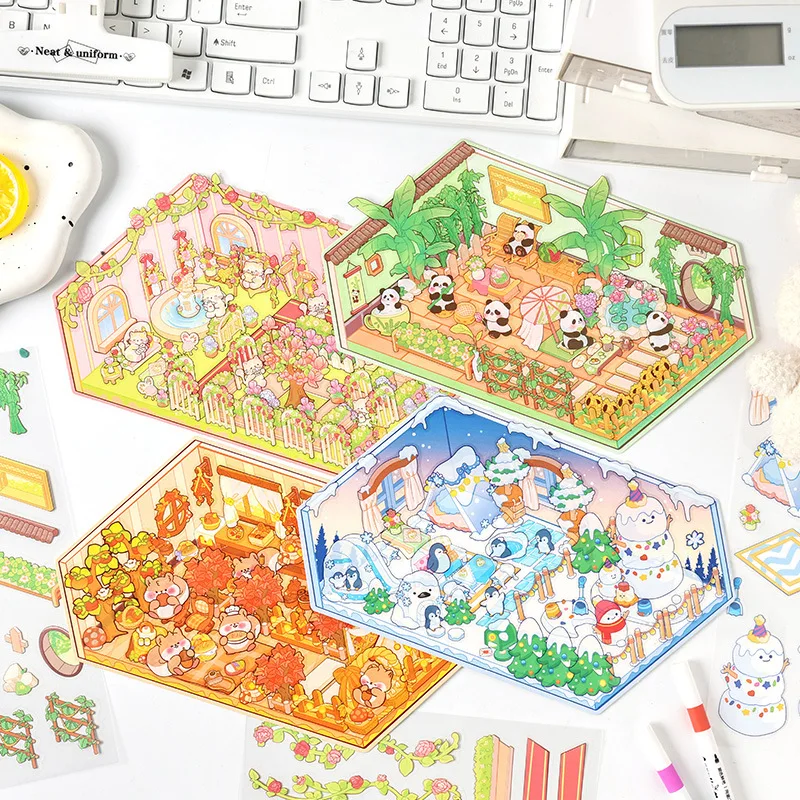 Card Lover 3-delig [Fantasy Four Seasons Series] Mooie 3D-dagboekstickers Waterdichte sticker Papiermateriaal Scrapbook Kit