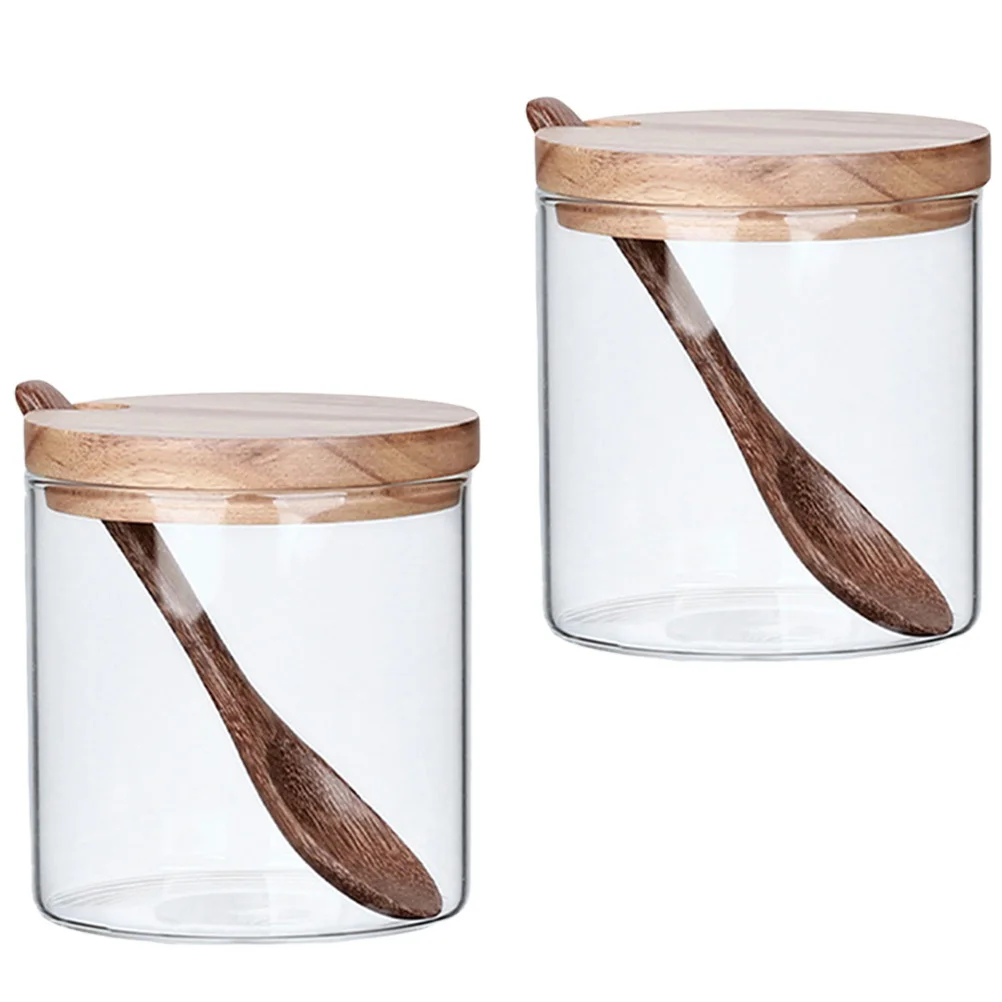 

2 шт. безопасные гигиенические стеклянные банки для приправ с ложками, крышка из дерева акации, практичная кухонная утварь, держатели для приправ