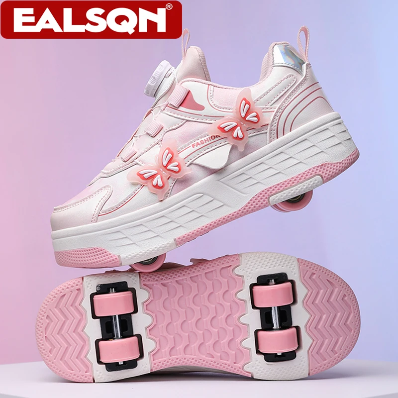 Pink Fashion Removable 4-Wheel Roller Skates for Girls Outdoor Sports Shoes Children Casual Entertainment Sneakers