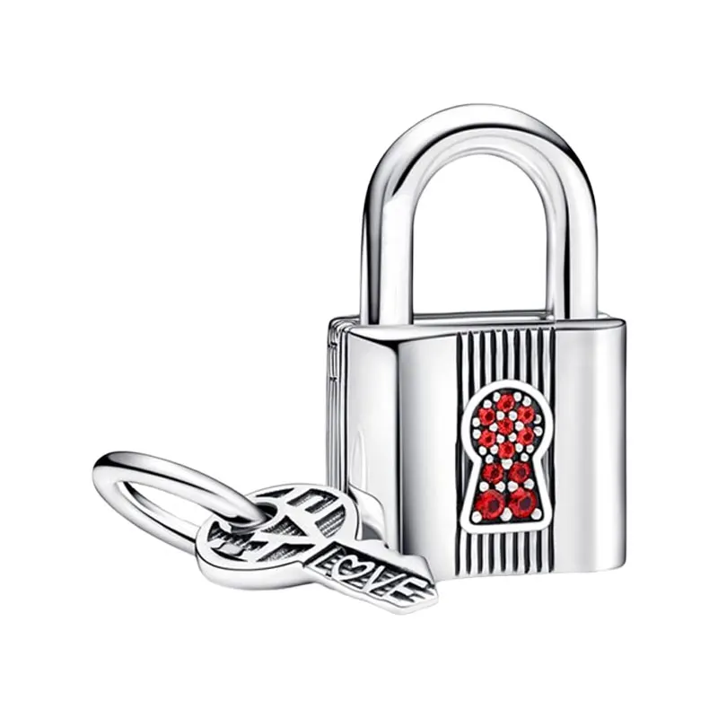 

Red Crystals Padlock Love Key Pendant Charms Women 925 Sterling Silver Jewelry Making DIY Original Bracelet Valentine's Day Gift