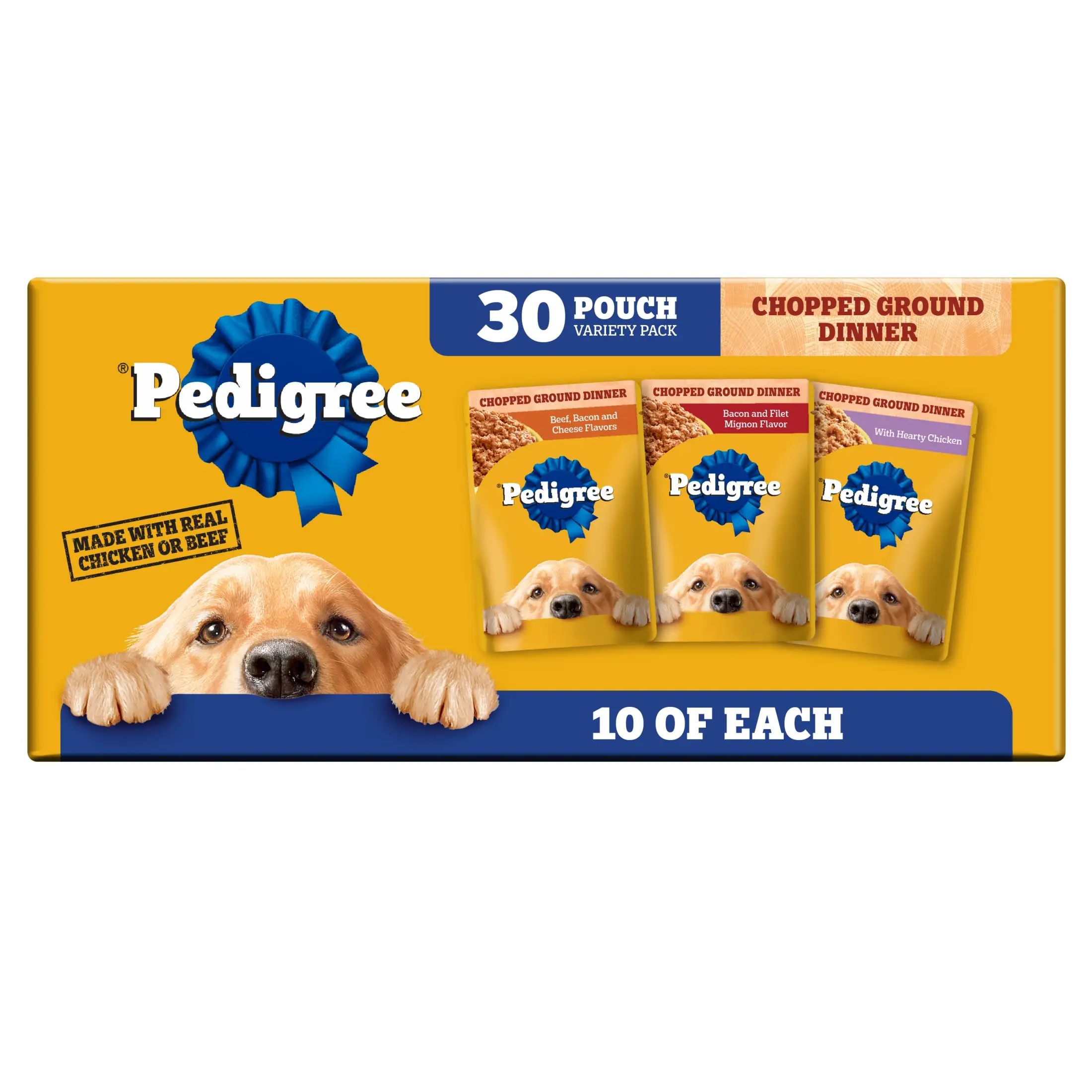 Beef and Bacon Chopped Ground Dinner Wet Dog Food Variety Pack 30 Pouches 3.5 Oz Each