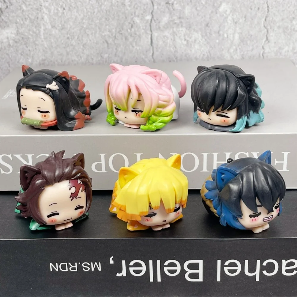 6pcs Cute Cat Demon Slayer Figure Sleeping Kimetsu No Yaiba Anime Kawaii Action Figurine House Decoration Desk Accessories Gift