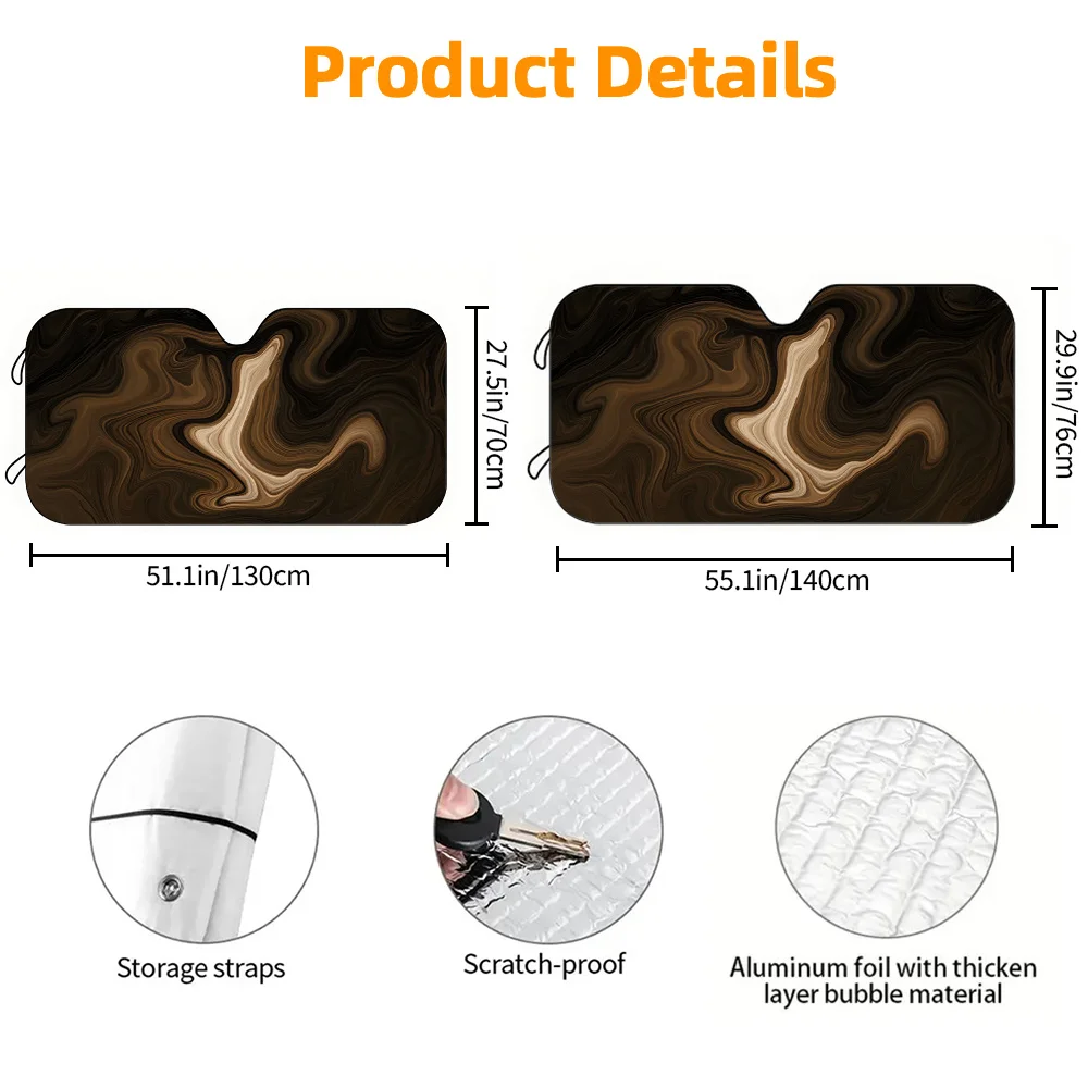 A Car Sunshade With A Black And Golden Flowing Pattern, Designed To Block UV Rays And Reduce Heat, Suitable For Suvs And Rvs