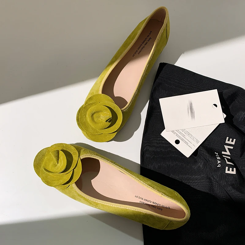 

Sheep Suede Platform Slip On Pumps Round Toe Mid Heel flower decoration casual female soft comfortable ballerinas shoes