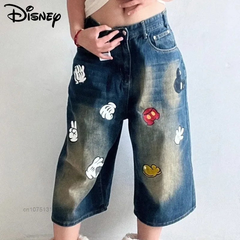 

American Oversized Washed Distressed Vintage Cartoon Design Mickey Shorts, Calf-length Denim Jeans for Women with High Waist