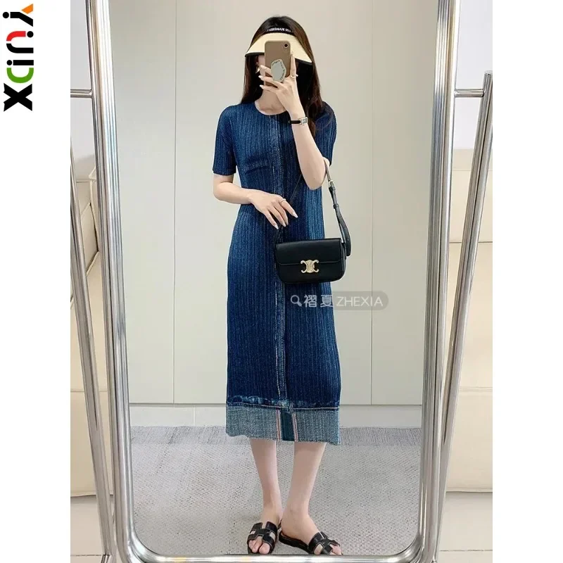 

YUDX Miyake Pleated Suit Skirt Female Imitation Denim Print Senior Pant Sets Remarkable Thin Jacket Pants Two-piece Set 2023 New