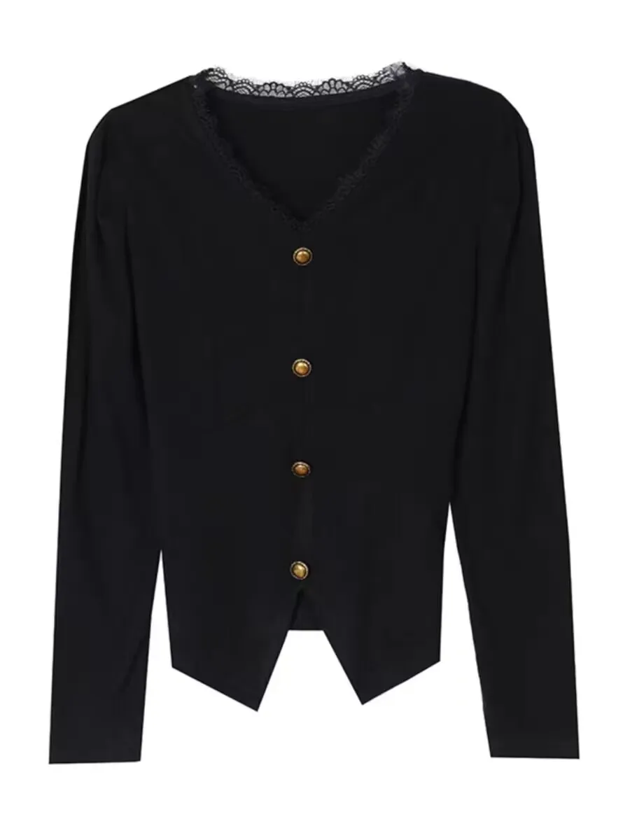 2025 สไตล์ฝรั่งเศส Elegant ฤดูใบไม้ผลิฤดูร้อนผู้หญิงหญิงตัด V คอปุ่มแยก Hem ลูกไม้เสื้อสเวตเตอร์ถักสํานักงาน