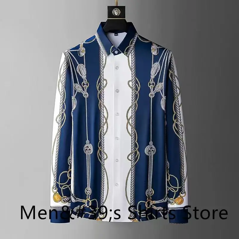 

Fashionable men's luxurious retro printed shirt casual social shirt long sleeved slim fit business party dress shirt plus size X