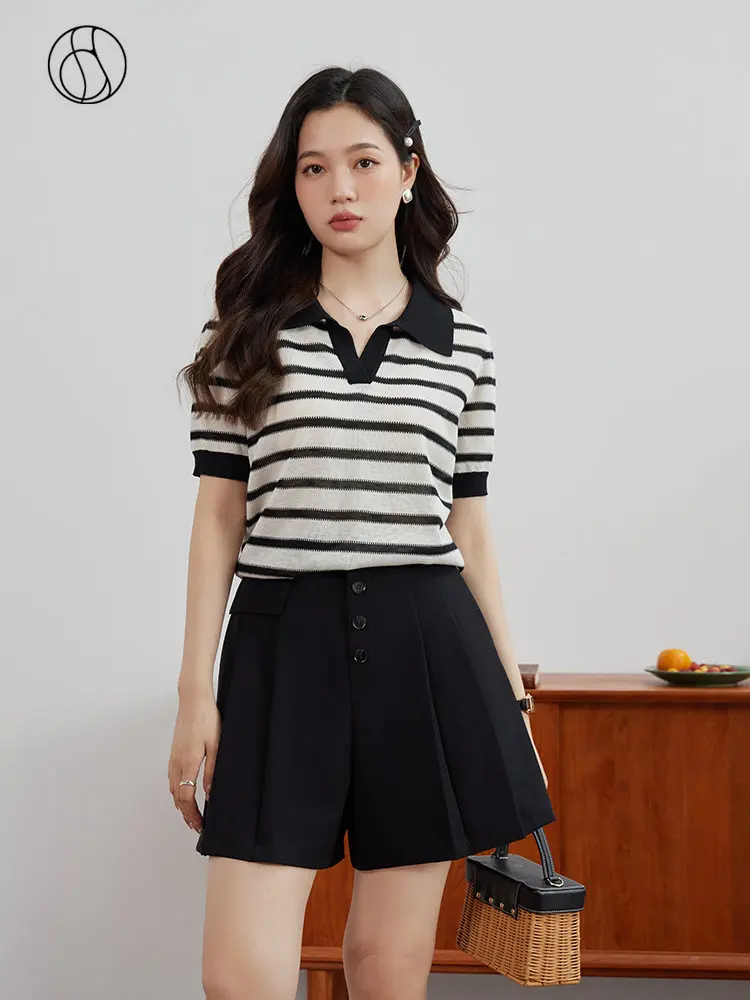 DUSHU Lapel Collar Knit Black White Striped Short Sleeve Women Tops Simple Summer Cool Pullover Women T-Shirts Short Tees