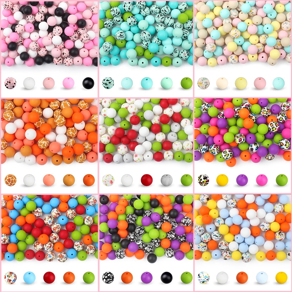 10pcs 12/15mm Silicone Beads Printed Round Accessories For Jewelry Making DIY KeyChain Pen Bracelet Necklace Accessories Bulk