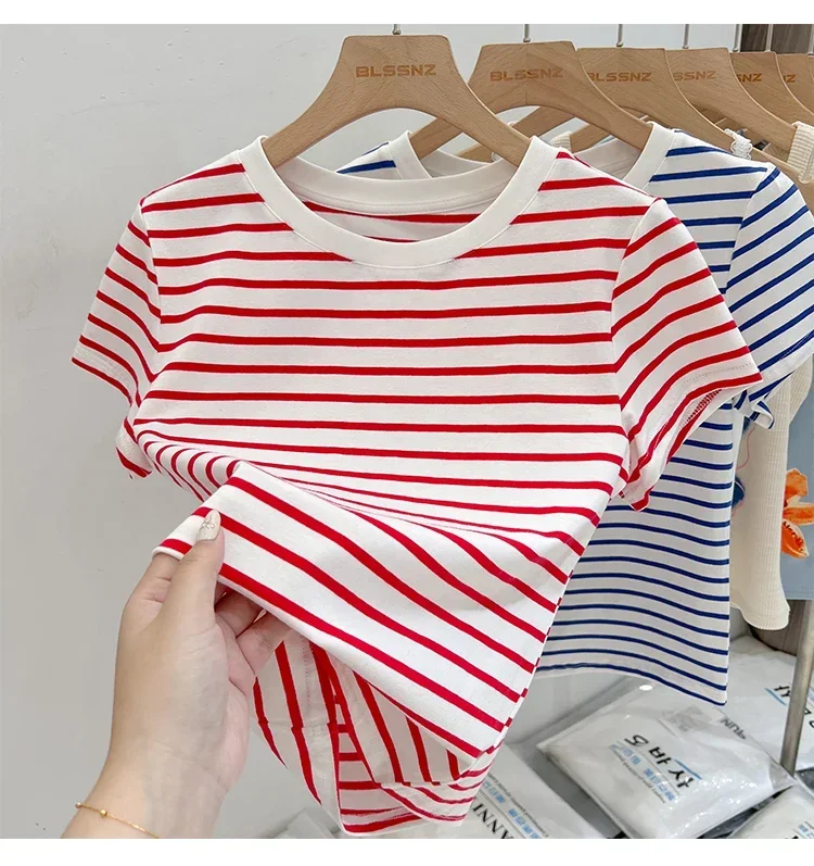 Gestreiftes Kurzarm-Damen-T-Shirt 2026 Sommer Neuheit Baumwolle Lässig Vielseitig Schlanke Passform Modische Oberteile Farbblock-Shirt – Detail 11