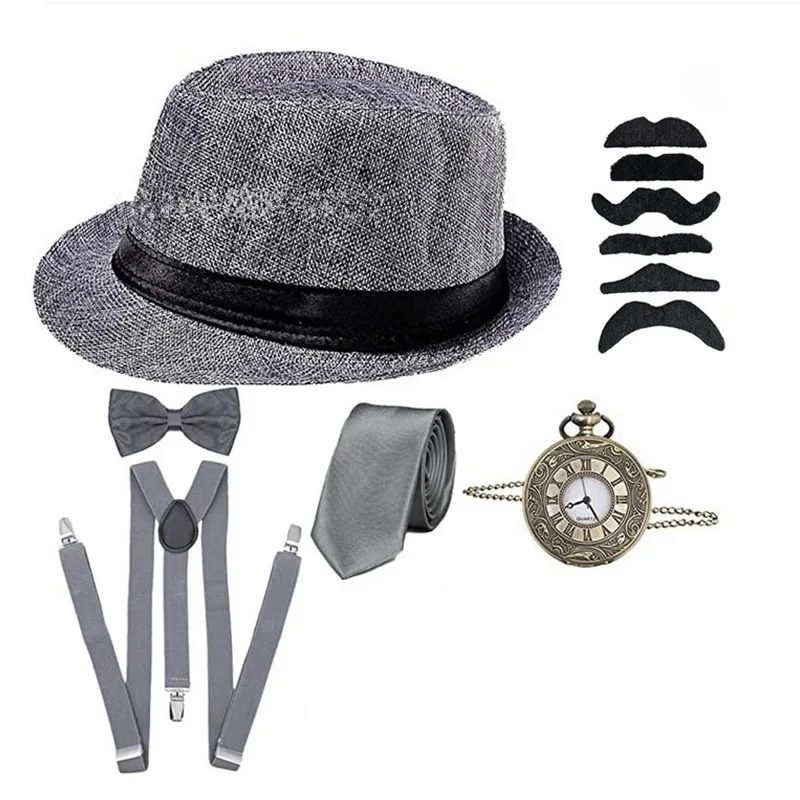 8 pz set 1920s uomini accessori Set Steampunk gilet Gangster gilet orologio da tasca Gatsby Cosplay barba disfraces camicia cappello 6XL