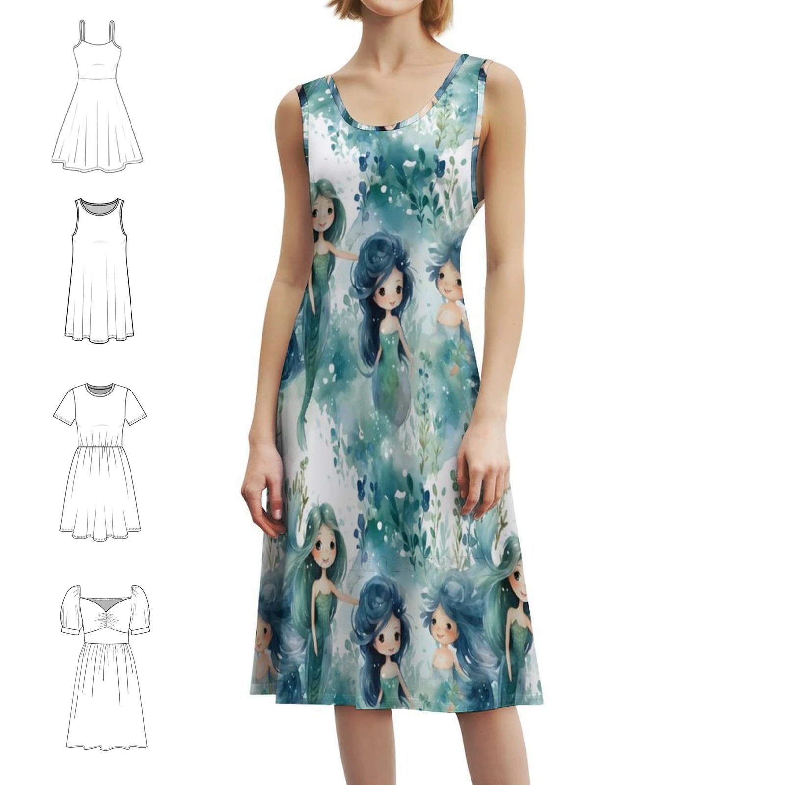 

Mermaids Pattern 25 Bohemian Sleeveless Dress Multi-Print Beach Vacation Party Dress Mermaid Fantasy Watercolor Fins Dress