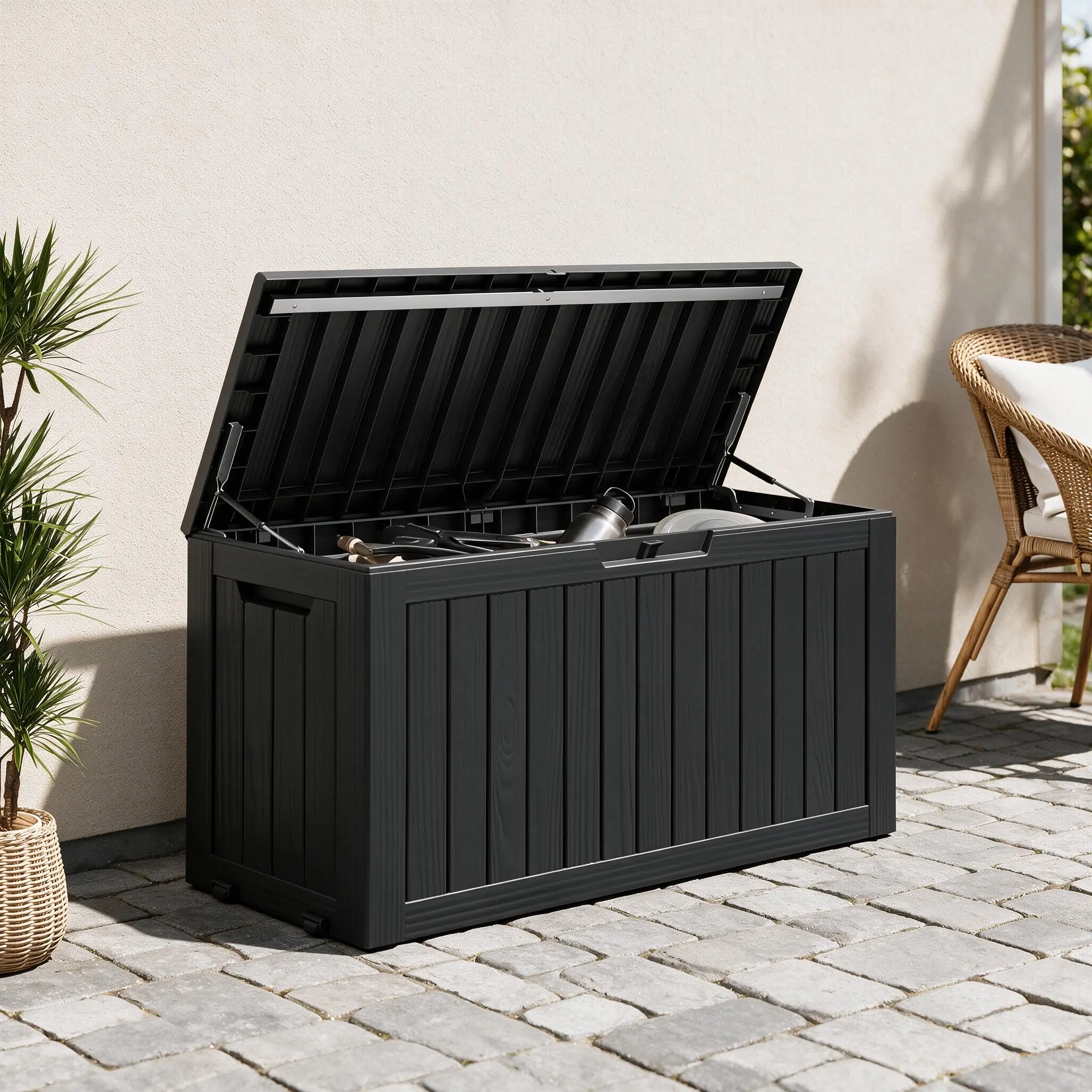 90 Gal Deck Box,Waterproof Resin Outdoor Storage Gas Lift,Lockable Black