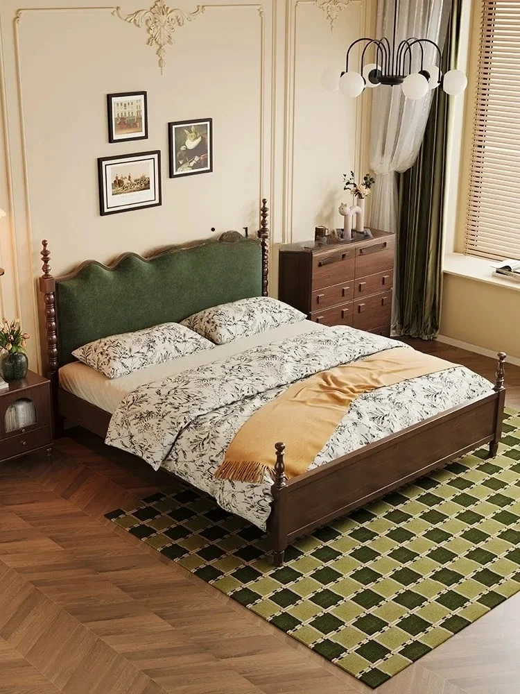 

B antique double bed American retro all solid wood bed master bedroom new Chinese backrest soft bag wedding bed