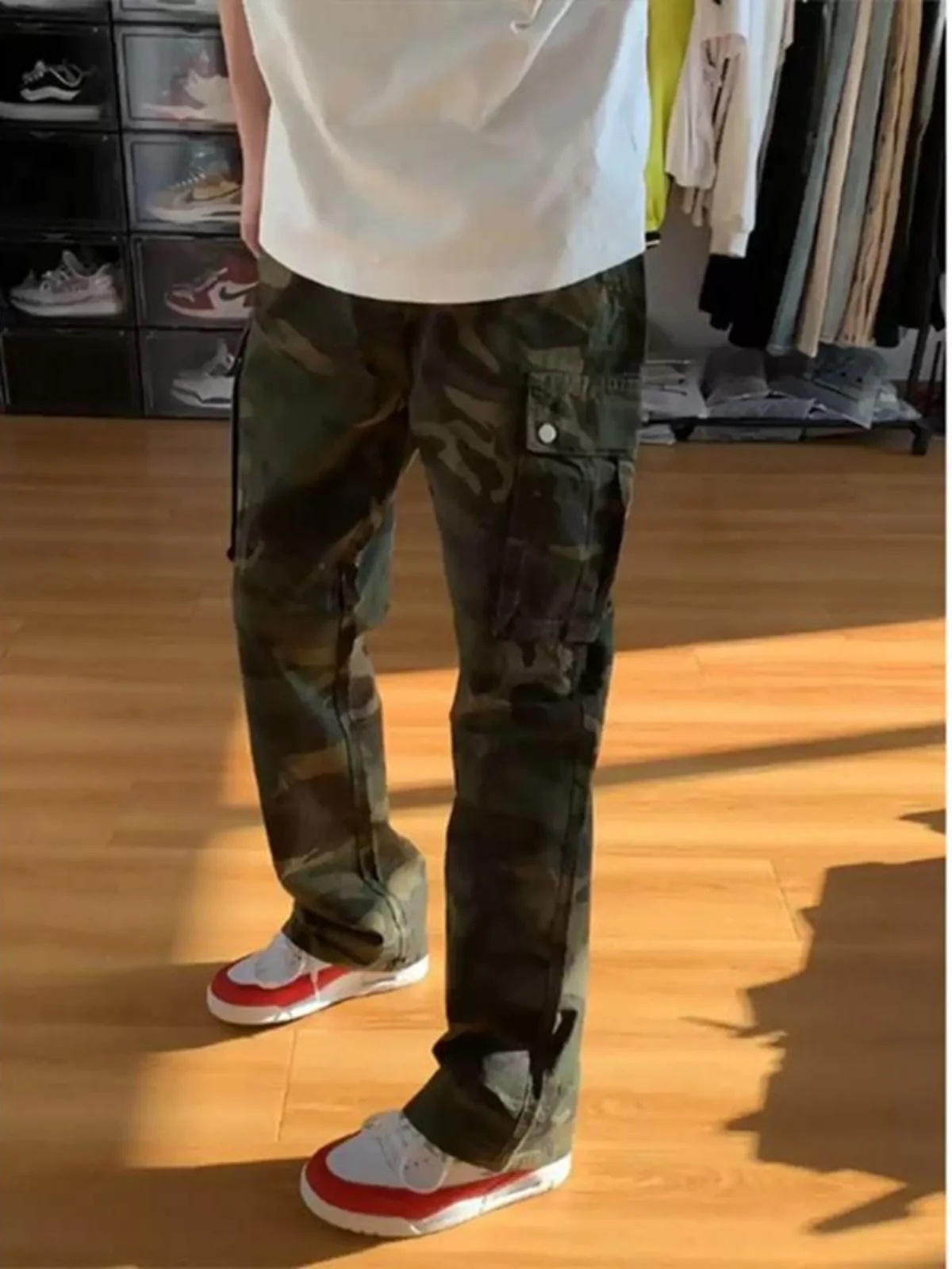 

American High Street Camouflage Multi-ket Destroyed Design Straight Leg Bell Bot Men's Spring Trendy Brand Haome Ve...