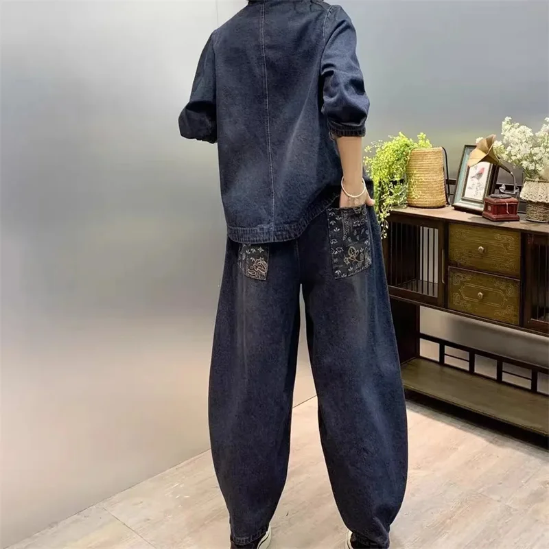 Women Jeans Two Piece Set 2024 Spring Autumn New Female Vintage Buckle Embroidery Denim Suit Women Large size Pants 2 Piece Set