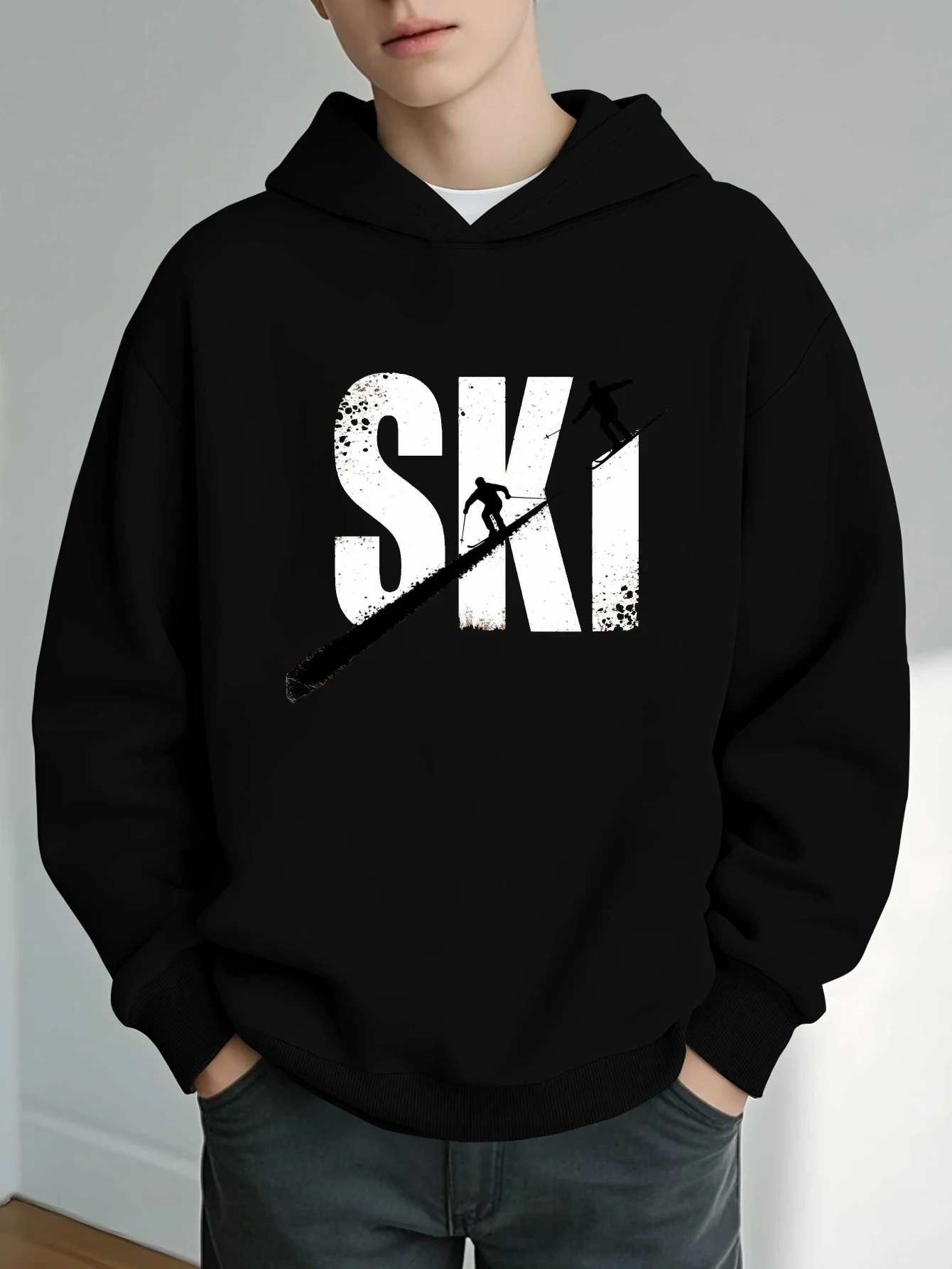 New autumn/winter hooded sweatshirts for boys and girls, featuring a ski grunge winter sports design. Casual and trendy hoodies.