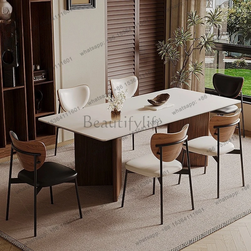 Cream style dining table household modern simple rectangular light luxury rock slab small apartment