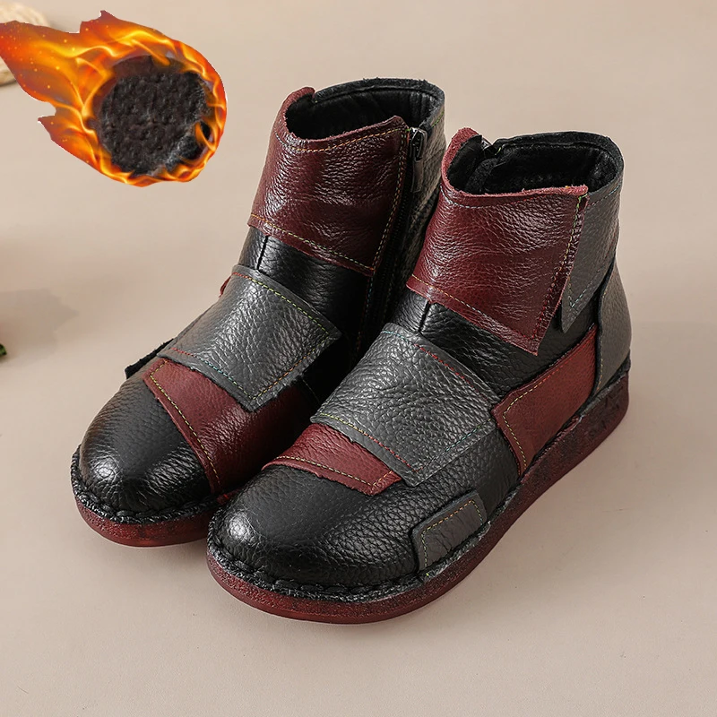 

New real leather plush boots for women winter warm zip up shoes waterproof ankle boots woman flat heel patches booties ladies
