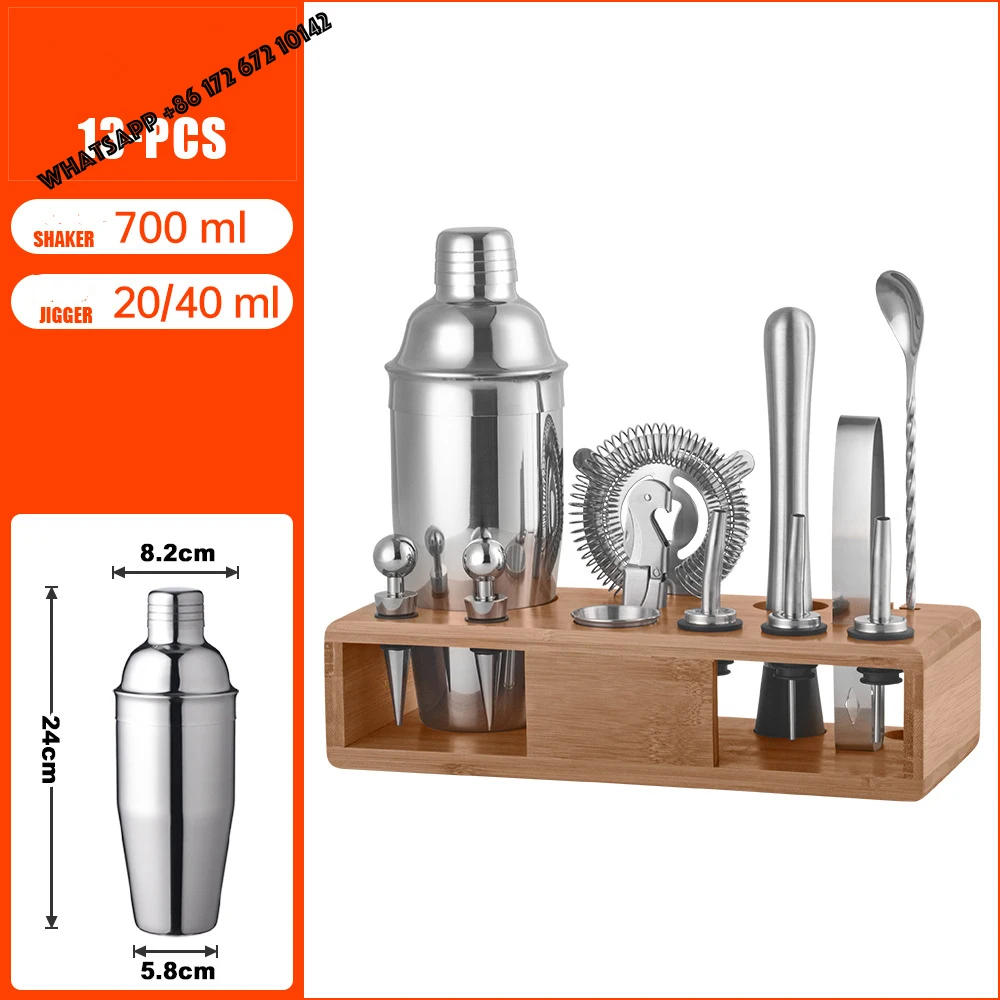 Factory Sustainable  700ml 13Pcs Stainless Steel Professional Bartending Cocktail Shaker Kit Stand