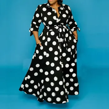 Plus Size abito camicia donna manica lunga primavera moda a-line stampa a pois eleganti tasche Casual abito stringato Vestido