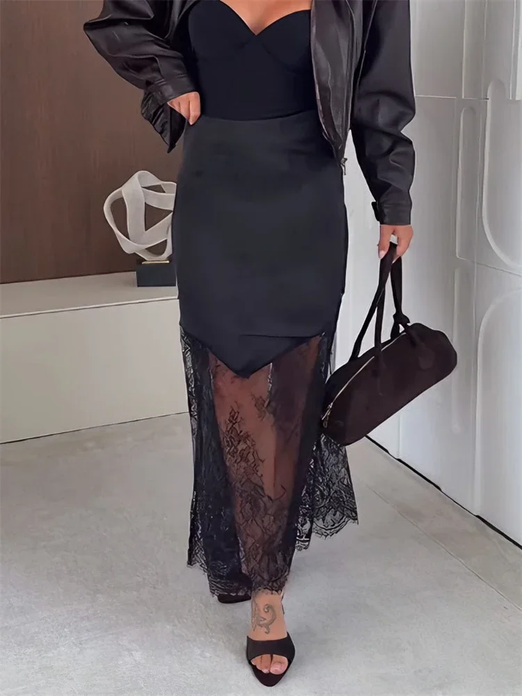 

Trendix 2025 Autumn Elegant Lace Long Skirt Women High Waist Patchwork See Through Maxi Skirts Party Fashion Midi Skirt Fall New