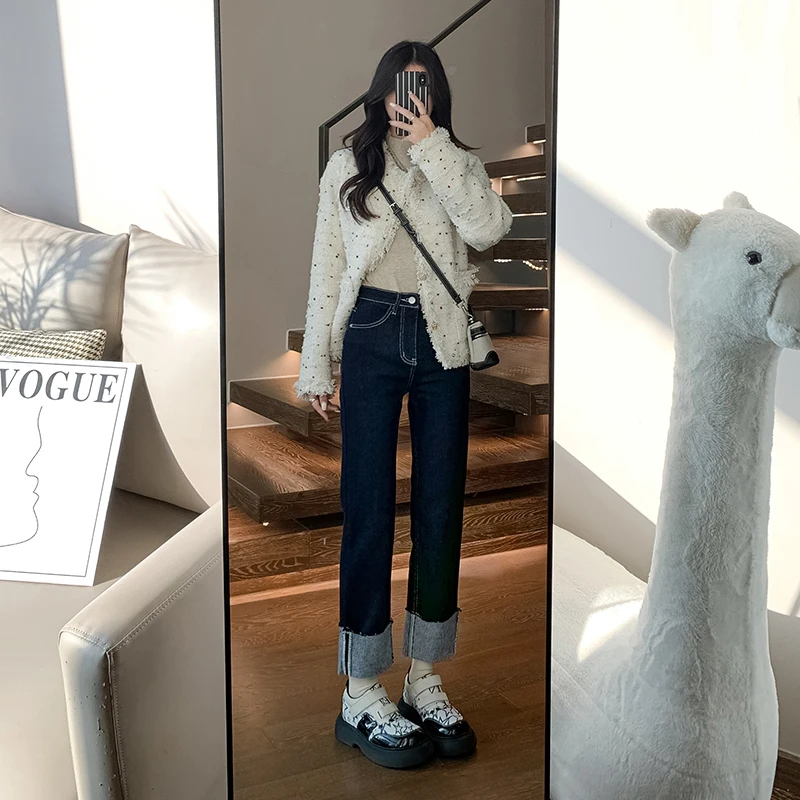 Lose Damen Straight Jeans Freizeit Straight Tube Vintage Hohe Taille Koreanische Y2K Denim Hose Baggy Schwarz Grau Schlankheitskomfort