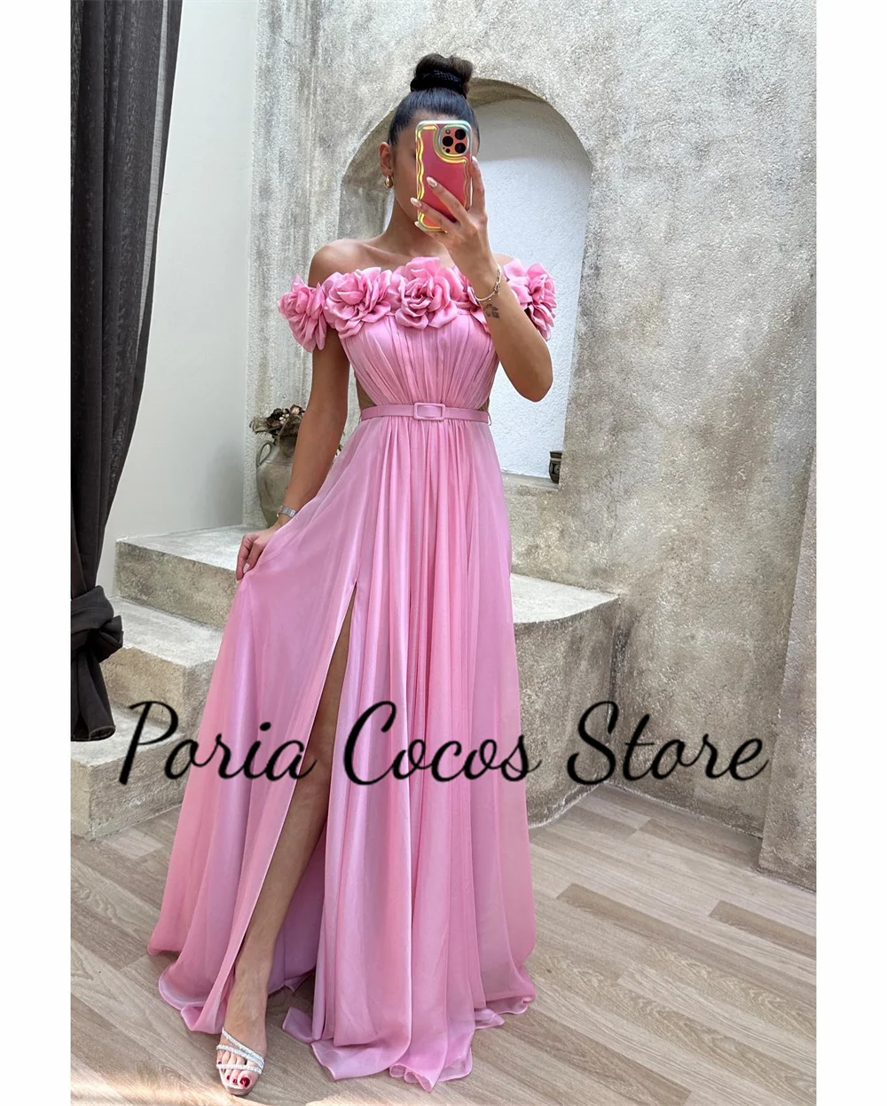 Customized Solid Color Strapless Prom Gown Boat Neck With Belt Pleated A-line Evening Dress Hollow Flower Formal Party Dresses