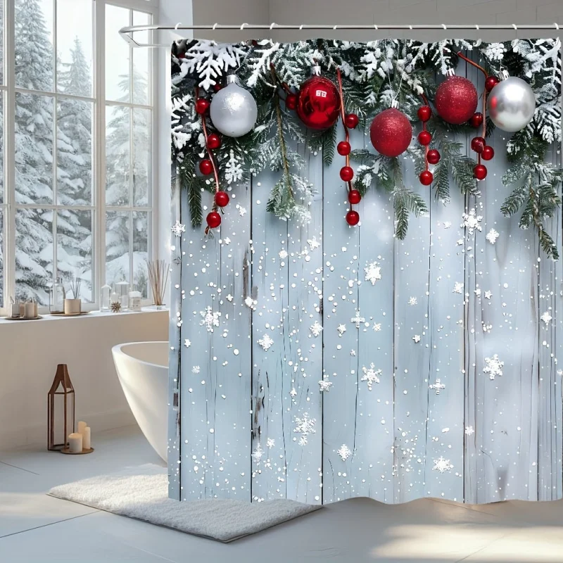 1Christmas Shower Curtain，Christmas Ball and Wood Board Home Decoration Shower Curtain，Attached12One Shower Curtain Hook，Perfect