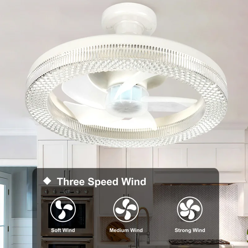 Светодиодные потолочные вентиляторы с цоколем E27/E26, 3000-6500 К, с регулируемой яркостью, 3 скорости, безлопастные вентиляторы, дистанционное управление, современный дизайн для кухни
