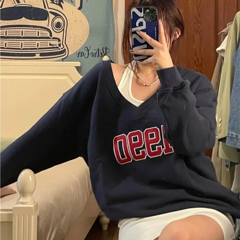 Deeptown koreanische Mode Sweatshirts zweiteiliges Set für Frauen kpop Langarm übergroßen Pullover Streetwear Hoodie von der Schulter