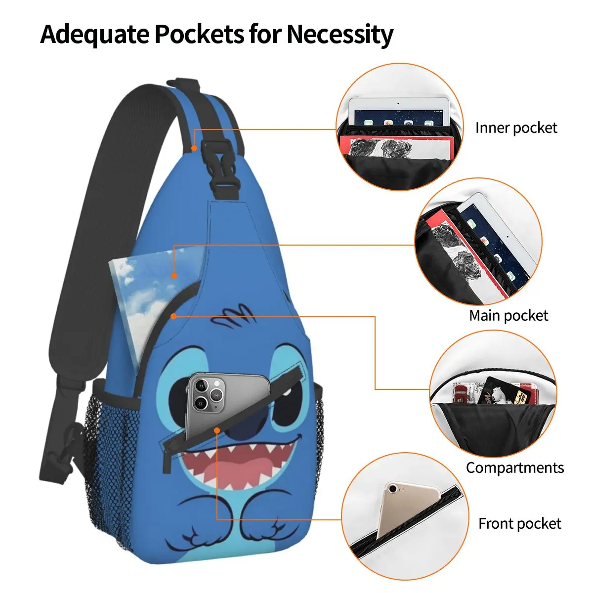 Lilo And Stitch Face Crossbody Sling Bags Casual Chest Bag Cartoon Shoulder Backpack Daypack for Hiking Outdoor Biking Bag