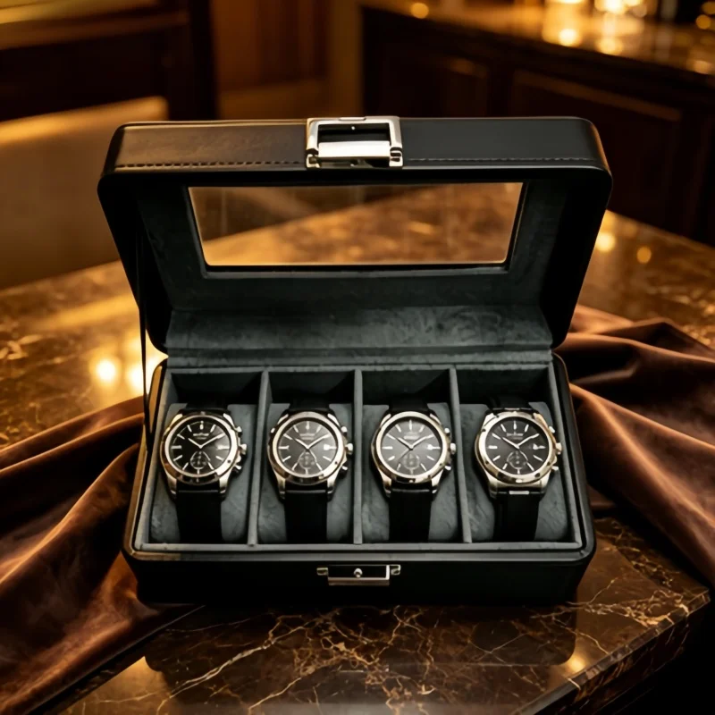 Men's 4 Slot PU Leather Watch Box with Lock, Portable Travel Watch Organizer + Automatic Closure Storage Bag 2Pcs Set