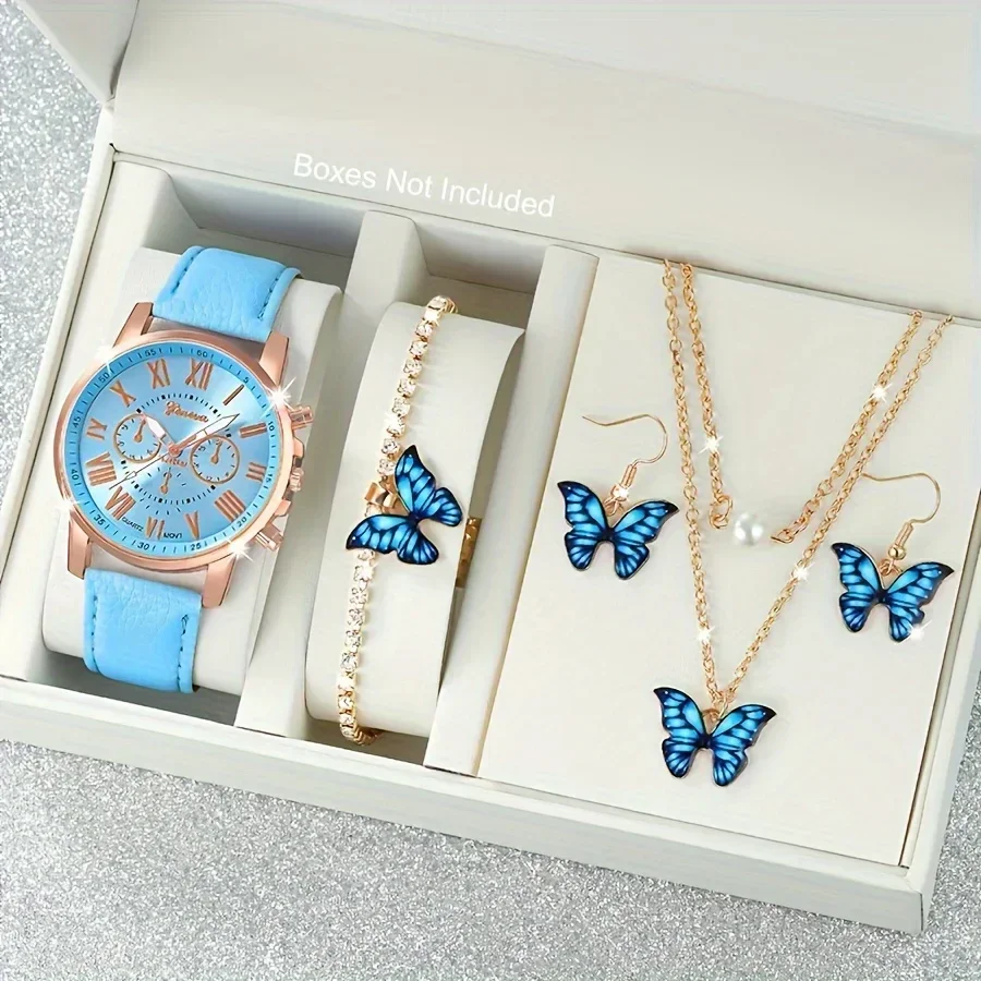 Women's Quartz Watch Set, 5 Pieces, Paired with Blue Butterfly Jewelry, Zinc Alloy Round Case, PU Leather Bracelet
