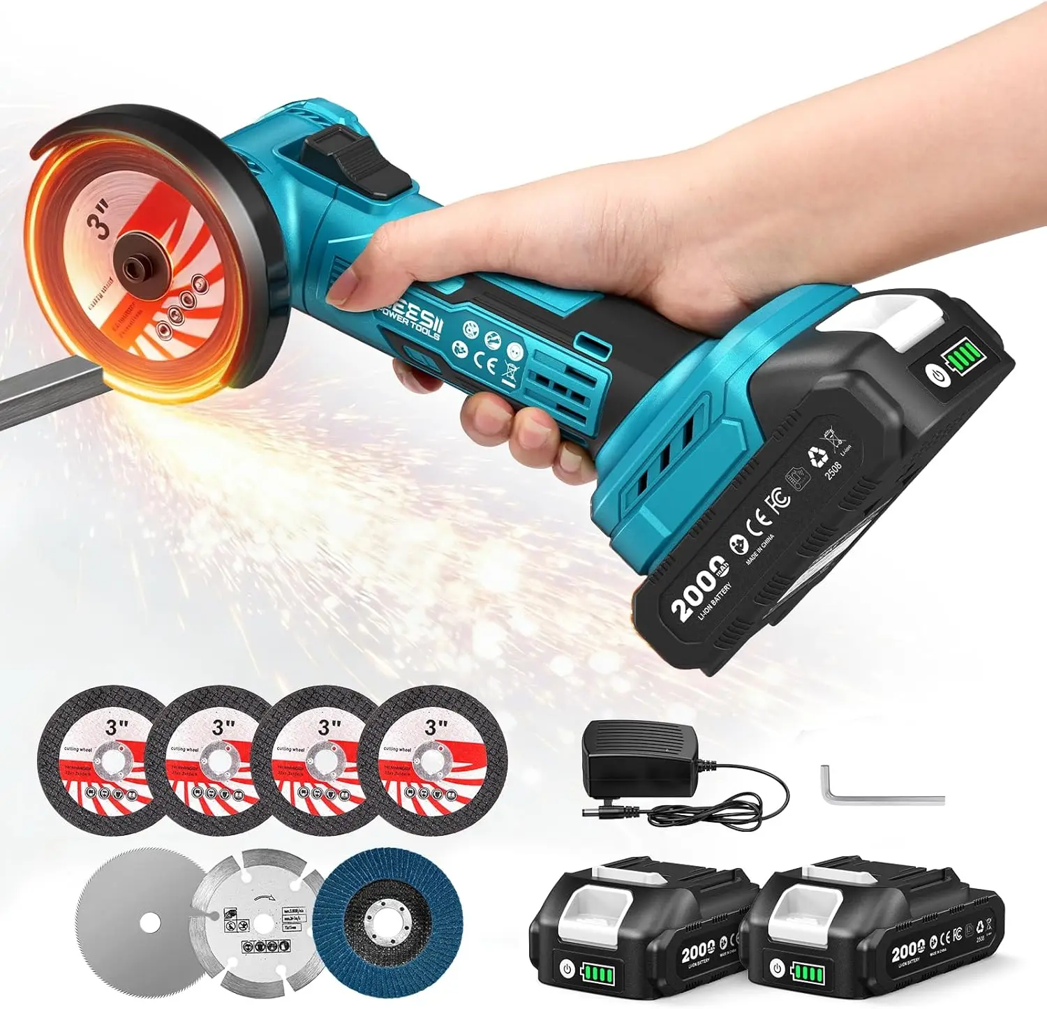 

3-Inch Cordless Brushless Angle Grinder with 19000 RPM, 2 Batteries & 7pc Disc Set for Metal/Wood/Stone