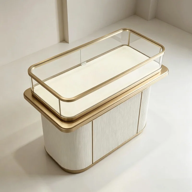custom.Premium Custom Champagne Gold Glass Jewelry Display Counter White Fluted Wood Jewellery Showcase Luxury Retail Boutiq