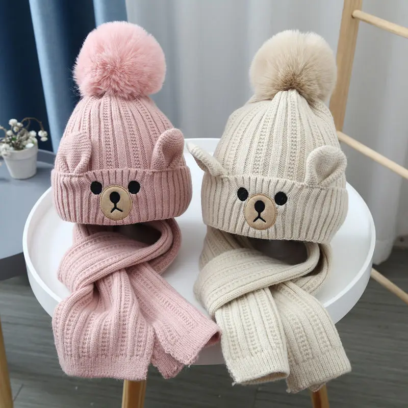 Children Girls Boys Hat Scarf Set Baby PomPom Beanies Hat Plus Velvet Kid Winter Warm Toddler Pullover Knitted Hat 3 5 7 9 Years