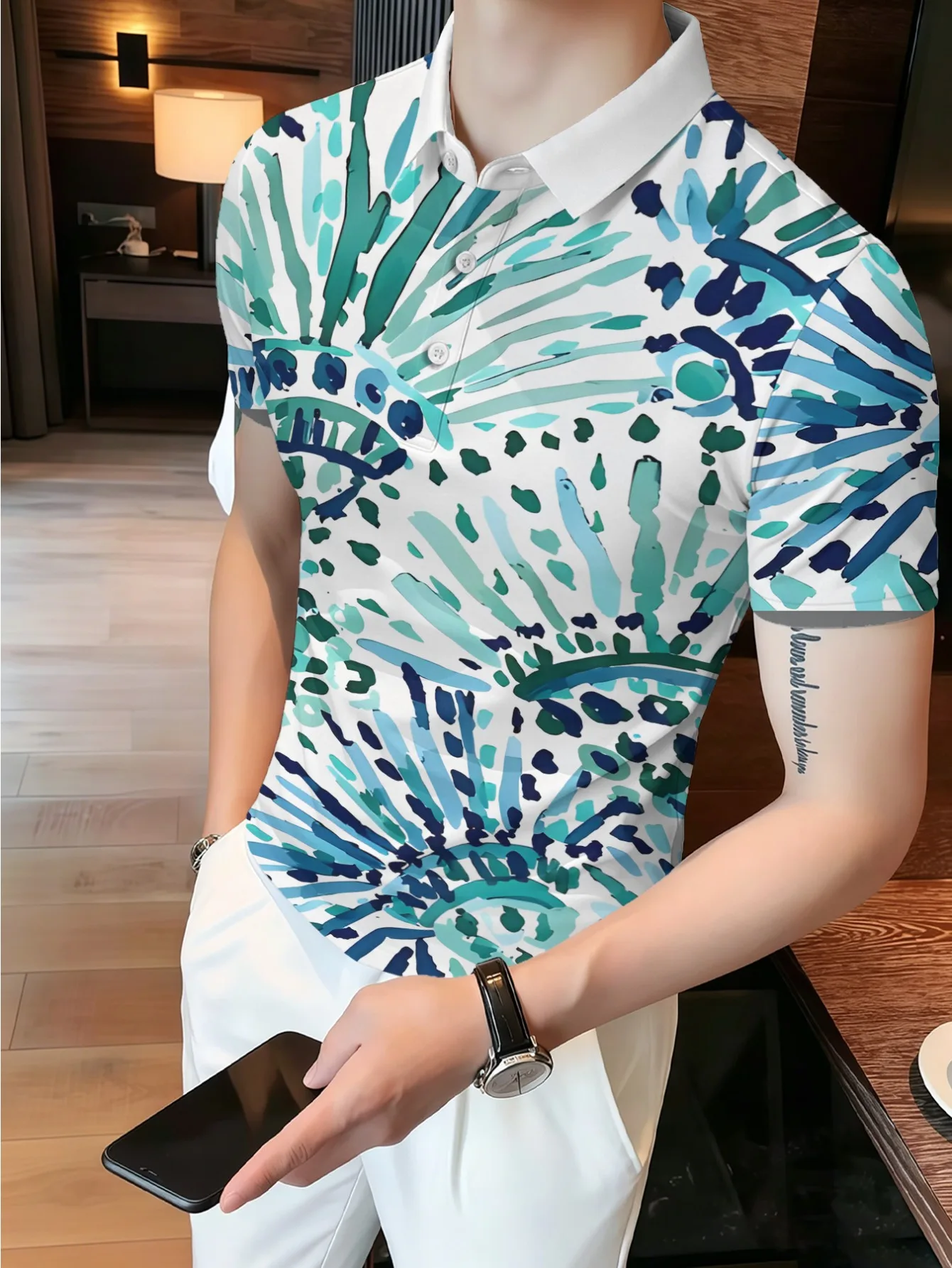 New men's short-sleeve polo shirt T-shirt, loose-fitting and tailored with printed patterns, versatile basic crew-neck top suita