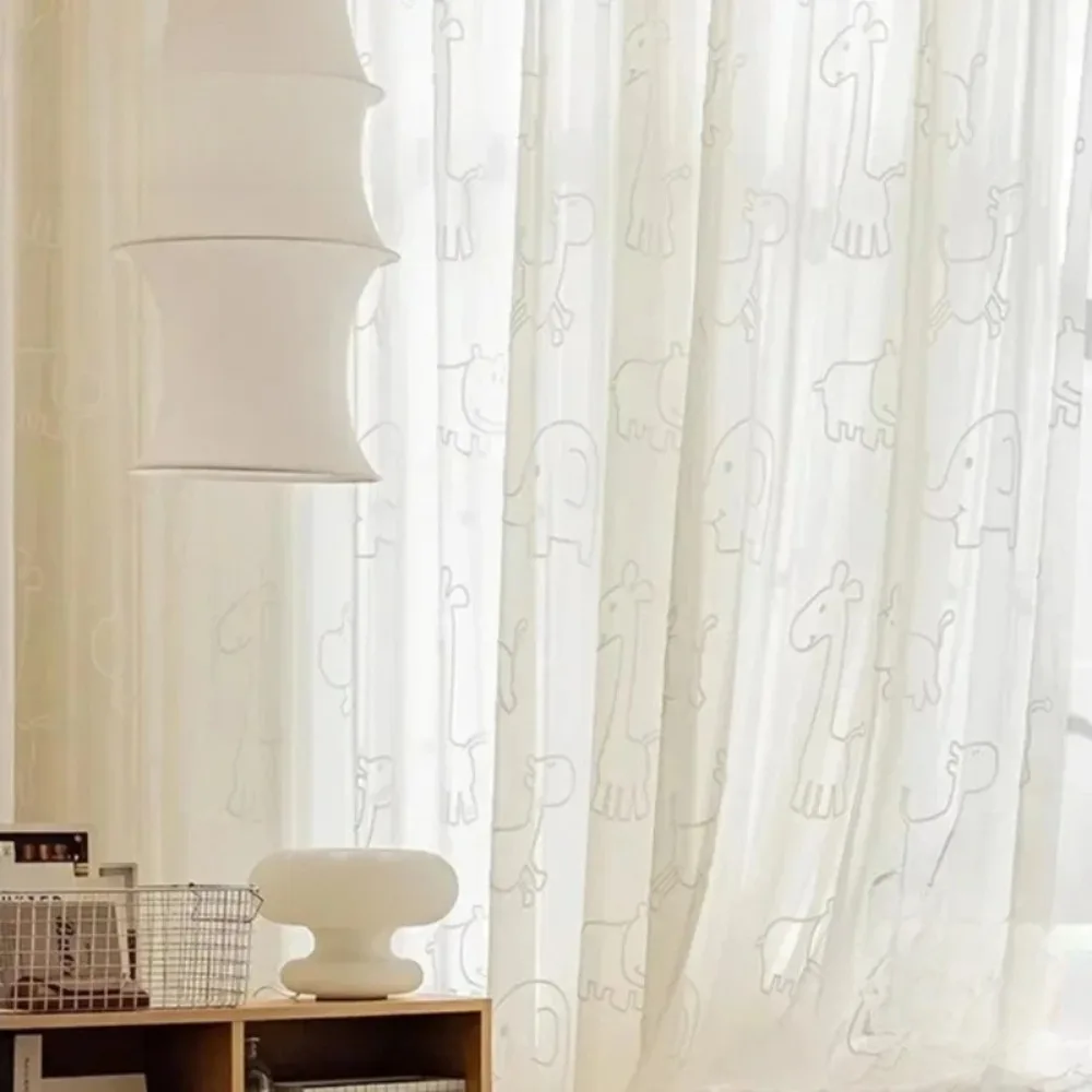 

Embossed Animal Curtains for Nursery Giraffe Elephant Flocking Tulle Jacquard Sheer Window Kids Room Boys Girls Textured Drapes