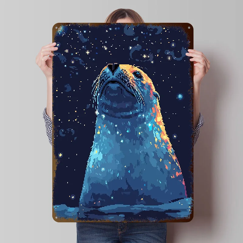 Retro Cute Seal Pixel Art Metal Poster Custom Wall Art Retro Vintage Tinplate Signs for Office Decoration Gaming Bar Accessories