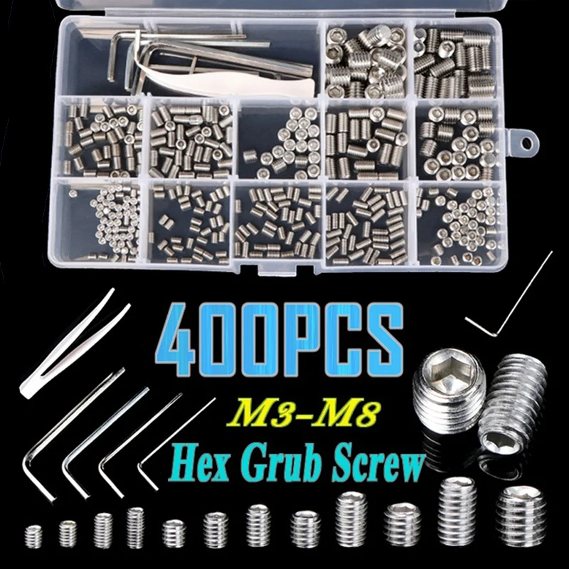 400PCS Hexagonal Screw Hex Grub Screw Stainless Steel Screw M3 M4 M5 M6 M8 with Tweezers Assortment Kit