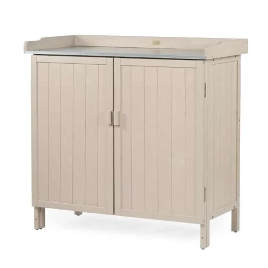 Outdoor Storage Cabinet with Potting Bench and Metal Tabletop, Wooden Planting Workstation for Garden Patio, Weatherproof