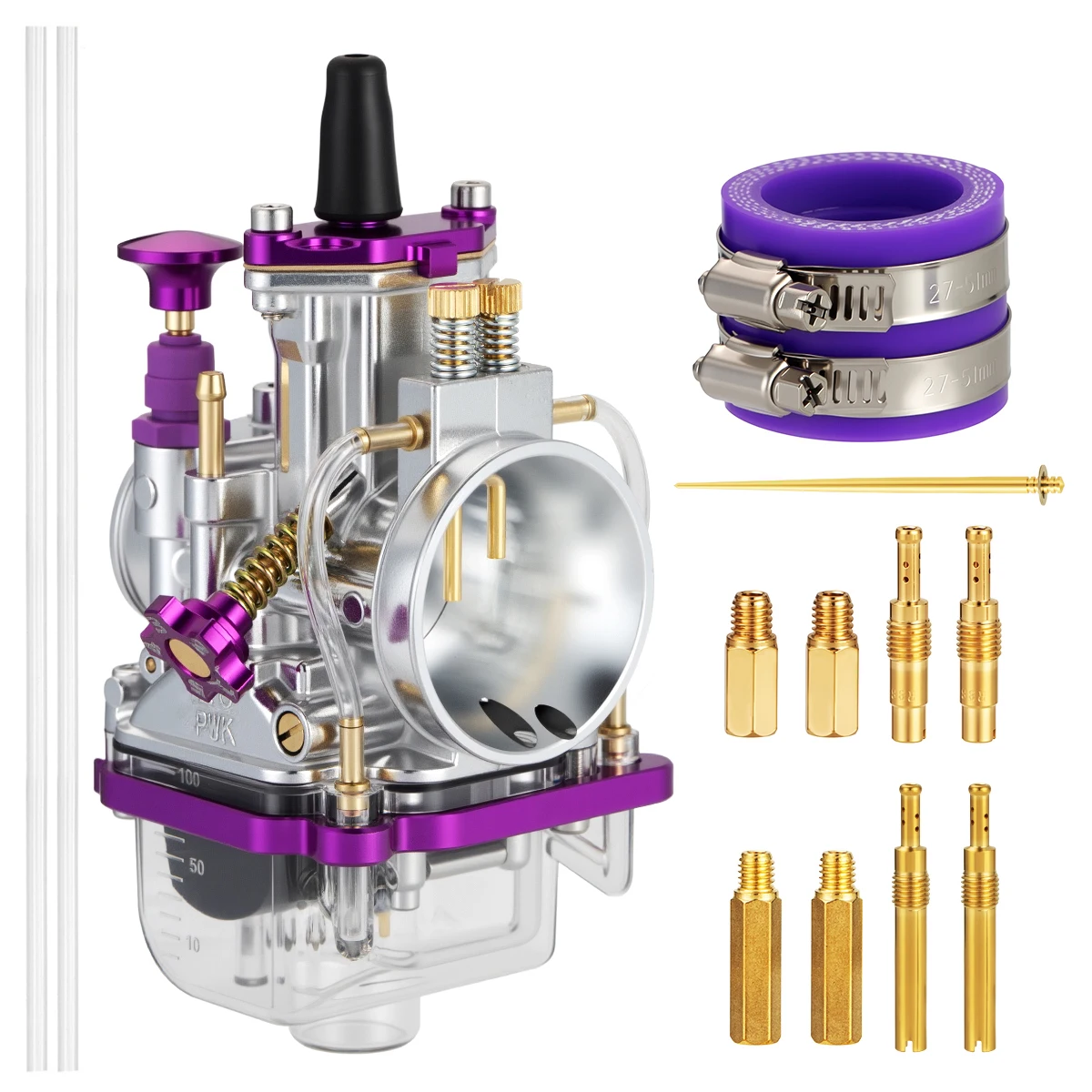 Alconstar PWK Racing Carburetor Dual Power Jet Long & Short Nozzle With Transparent Float Bowl For 2/4 Stroke Engine 24-34MM