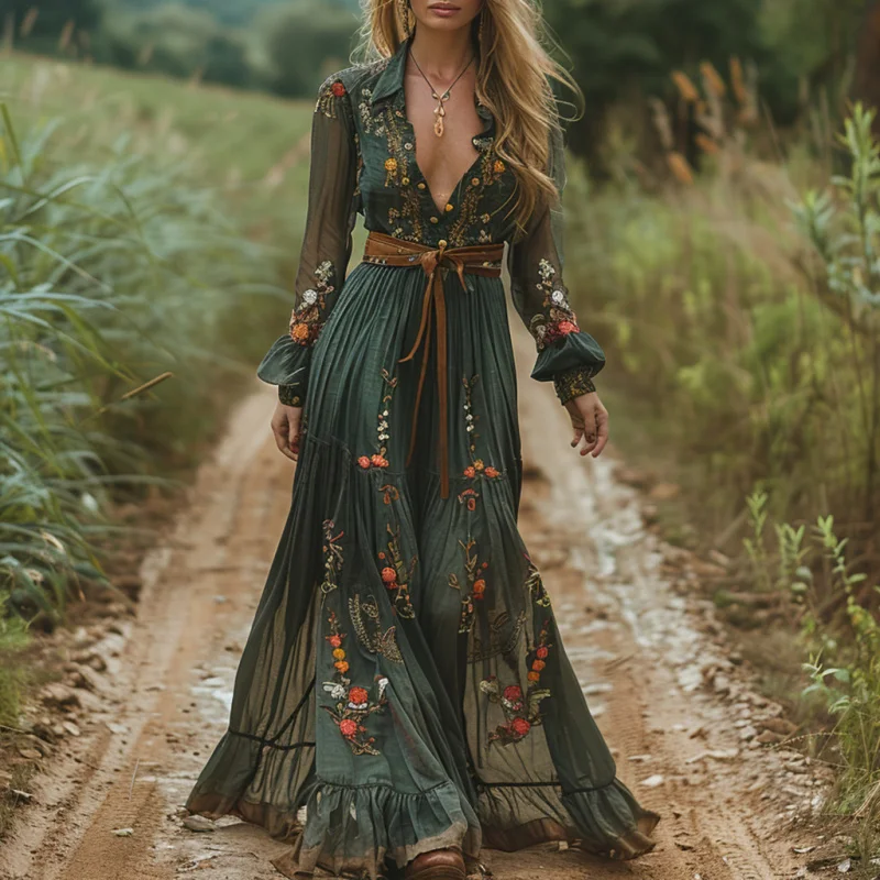 

New European and American Autumn New Retro Pastoral StyleVCollar Long Sleeve Dress Dress