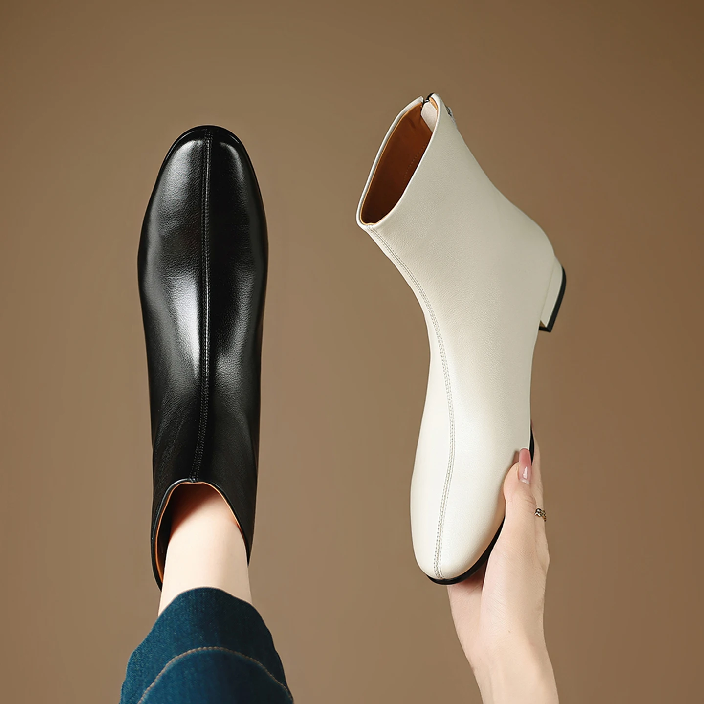 2026 new autumn winter women ankle boots natural leather plus size 22-25cm cowhide round toe low heel back zip short boots
