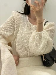 Chic Early Autumn round Neck Long Sleeve Lace Shirt Korean Style Hollow Design Sensation Women's Top Classy And Gentle