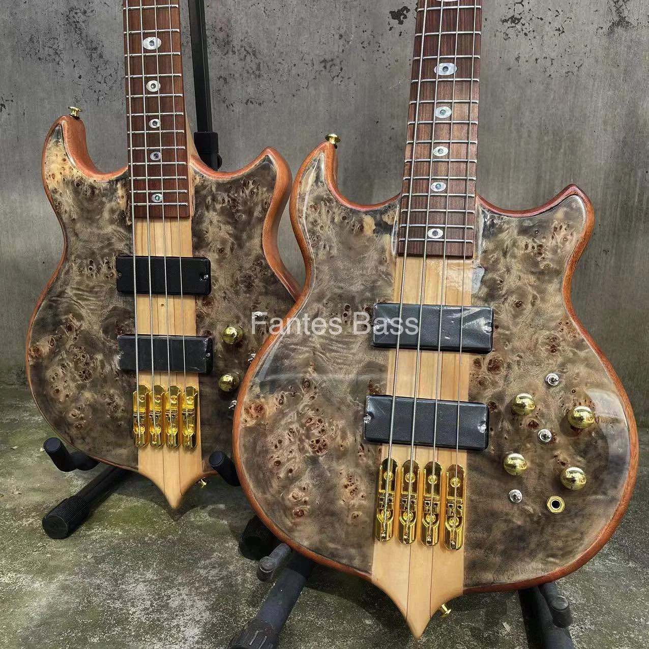 Custom Fantes Bass Alemb style 4 Strings Neck Thru Body Electric Guitar Bass Factory Burst Maple Top 9V Active Pickup