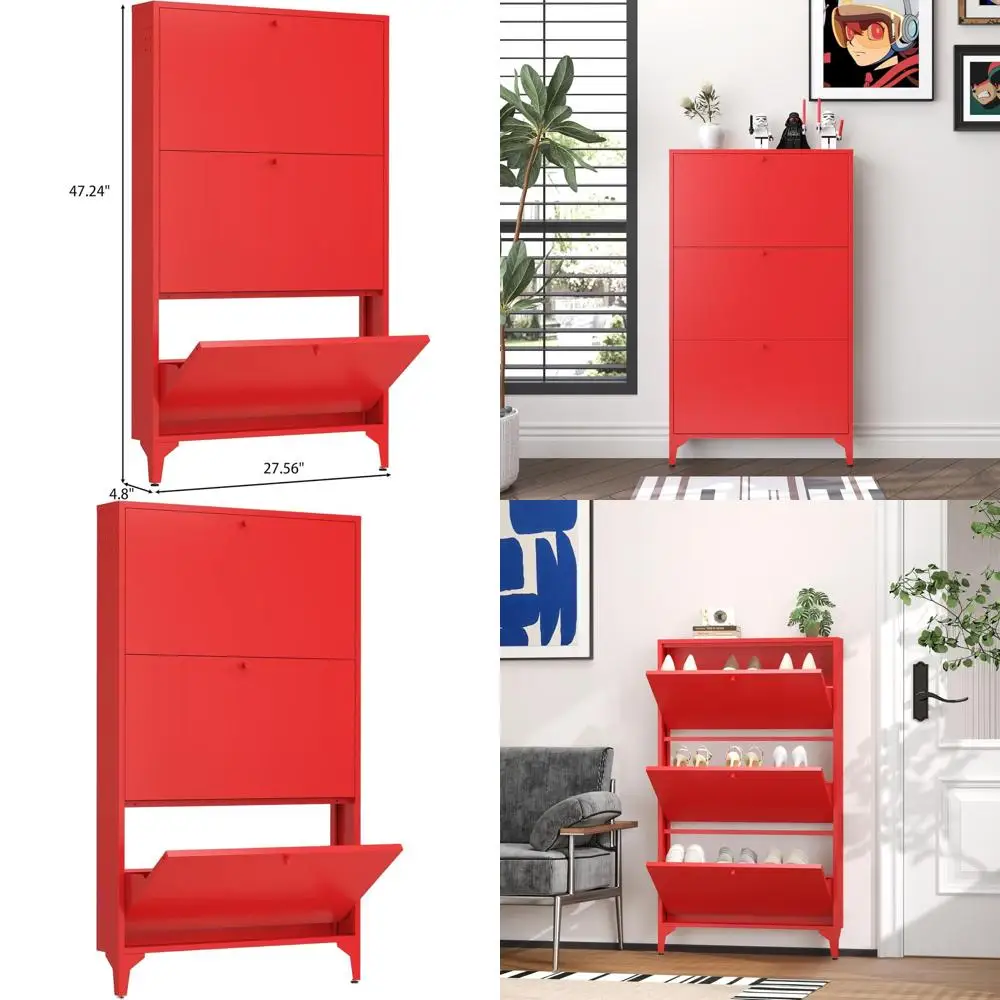

Red 3-Door Farmhouse Style Shoe Cabinet with Flip Drawers for Entryway Storage