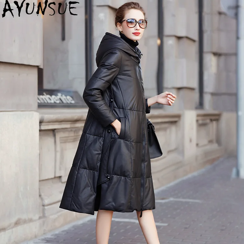AYUNSUE Sheepskin Genuine Leather Jacket for Woman Winter Clothes 2026 Fashion Down Coat Women Hoodie Mid-length Casaco Feminino